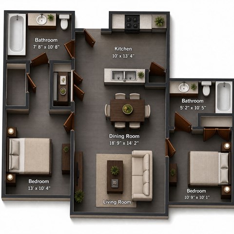 Floor plan for 2 beds, 2 baths, 890 sqft